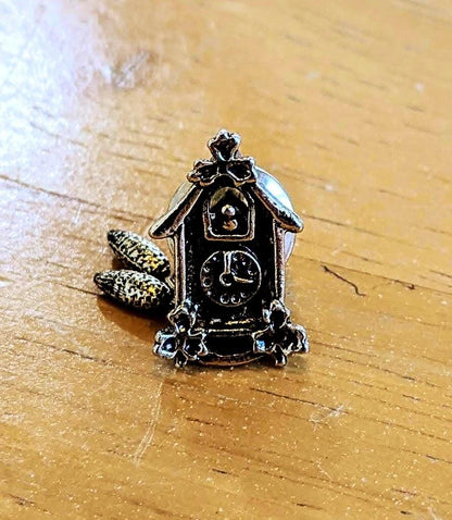 Adorable 1981 Avon Goldtone &quot;Cute Cuckoo&quot; Clock Tie Tack Lapel Pin - 1980s Avon Novelty Piece - Vintage Avon Cuckoo Clock Tie Pin