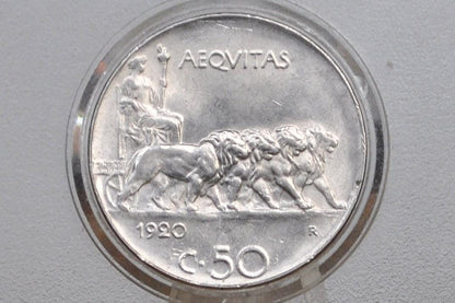 1919-1925 Italian 50 Centesimi Coin - Reeded Edge - Vittorio Emanuele - C.50 - Very Fine Detail, some dents; Low mintage - Italy 50 Cent