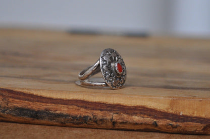 Zuni Red Coral Inlay Shield Split Ring - Size 5 - Stamped and Tested Sterling Silver - Zuni Coral - Titos Jewelry