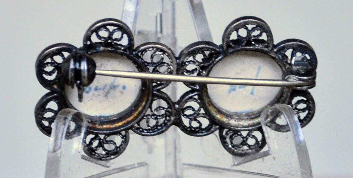 Authentic Sterling Silver Double Delft Porcelain Filigree Brooch - Signed Delft Porcelain - Vintage Delft Holland Seascape Porcelain Pin 925
