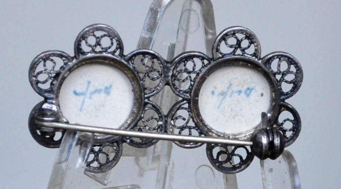 Authentic Sterling Silver Double Delft Porcelain Filigree Brooch - Signed Delft Porcelain - Vintage Delft Holland Seascape Porcelain Pin 925