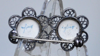 Authentic Sterling Silver Double Delft Porcelain Filigree Brooch - Signed Delft Porcelain - Vintage Delft Holland Seascape Porcelain Pin 925
