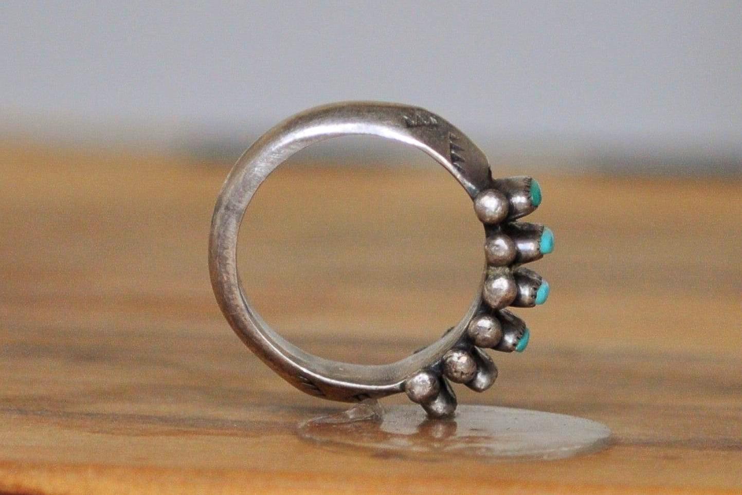 Vintage Janice Paloma Needlepoint Turquoise Inlay Zuni Ring - Size 5 - Tested Sterling Silver - Authentic Zuni Artisan Ring