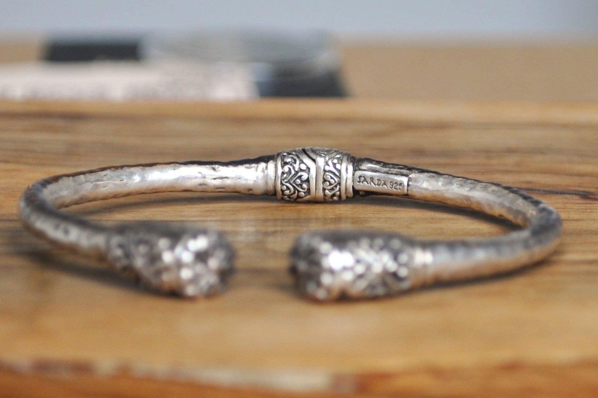 Vintage Sarda Bali Handmade Artisan Hammered Bracelet - W 2.5 In , H 2 In (Expandable) - Stamped and Tested Sterling Silver - Indonesia Jewe