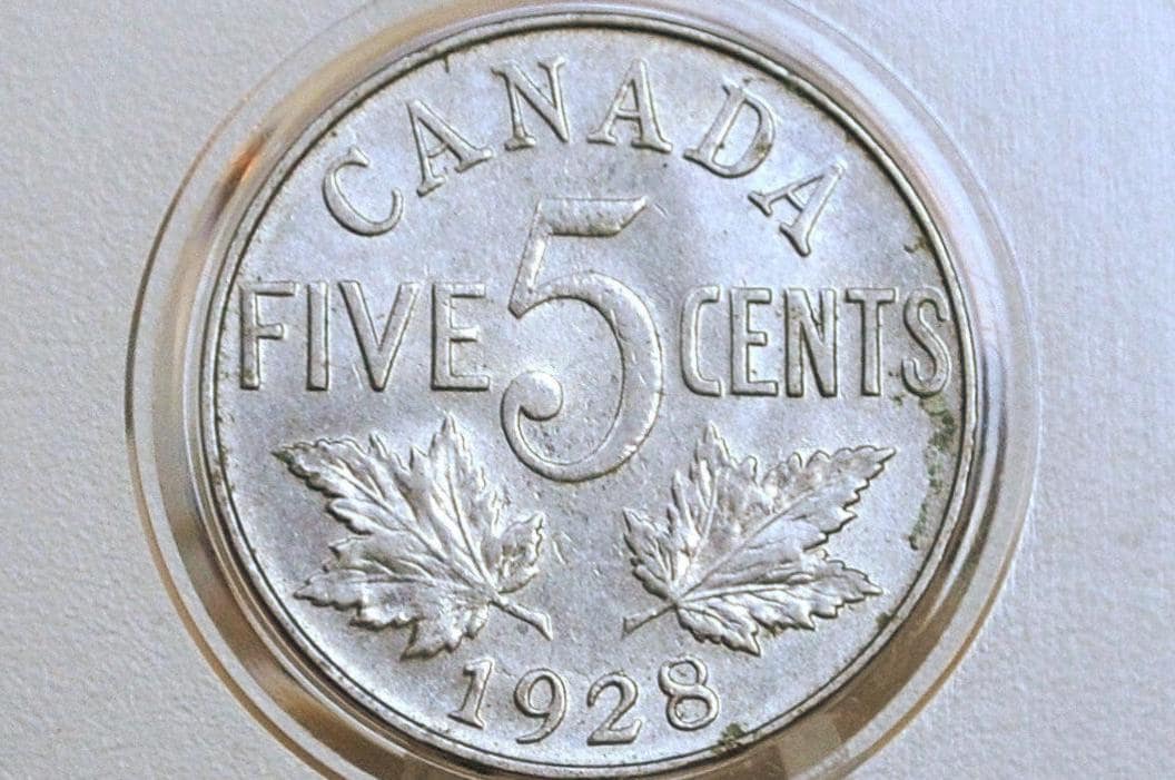 1928 Canada 5 Cent Coin - Uncirculated MS63 Condition, Great Luster - Canadian Coins - 1920s Coins -