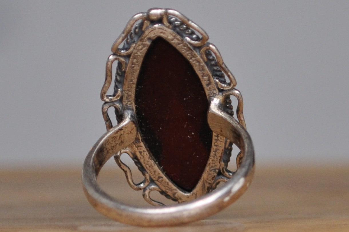 Cherry Amber Cocktail Ring - Size 8 - Stamped and Tested Sterling Silver - Slender Oval Cut
