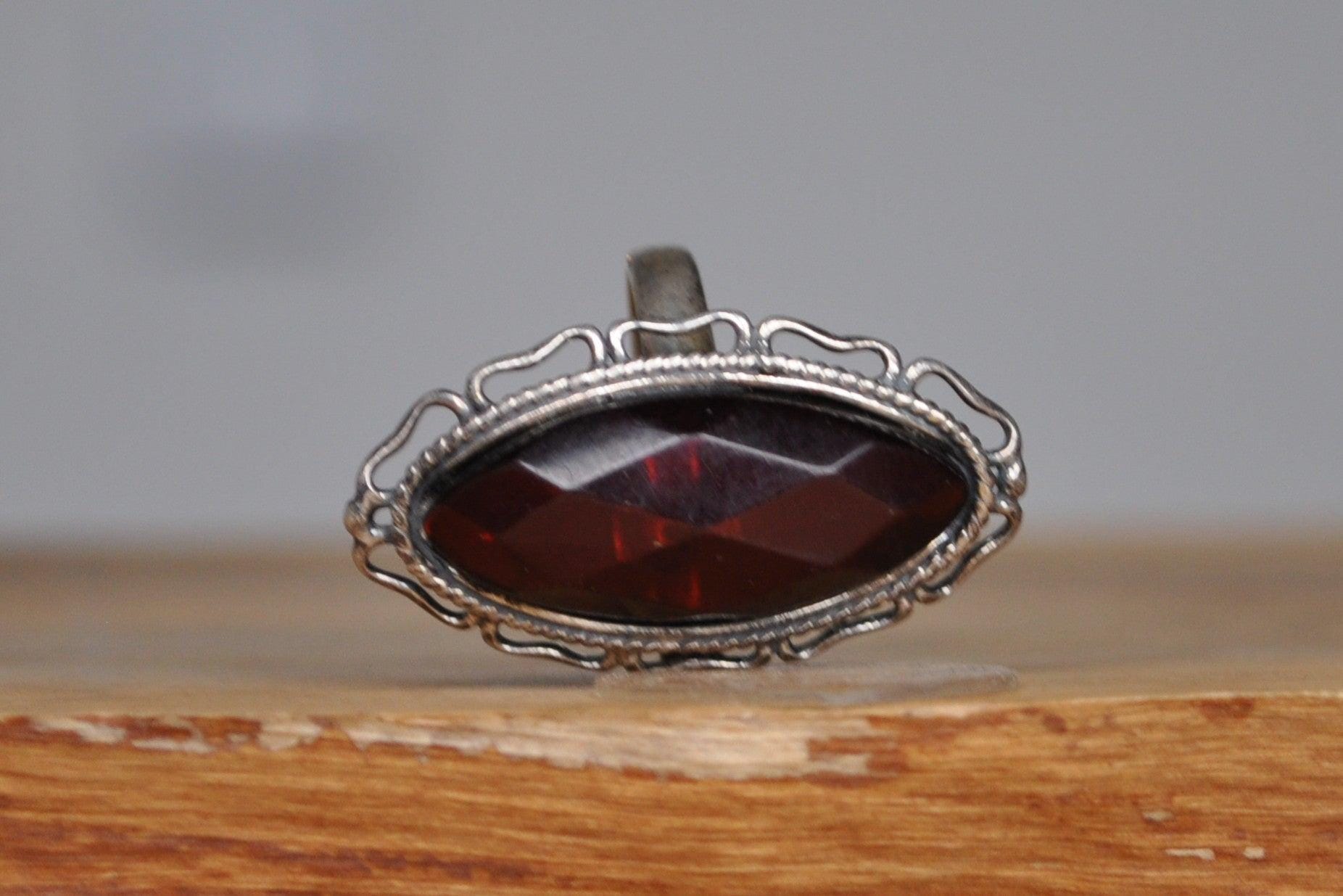 Cherry Amber Cocktail Ring - Size 8 - Stamped and Tested Sterling Silver - Slender Oval Cut