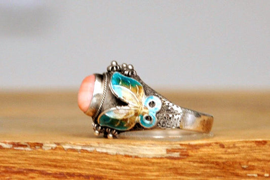 Stunning Silver Cloisonné Butterfly Pink Coral Ring - Size 6 - Stamped and Tested Sterling Silver - Chinese Jewelry