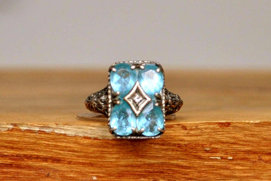 Designer CNA Victorian Revival Blue Topaz Ring - Size 5 - Stamped and Tested Sterling Silver - Diamond Accent -
