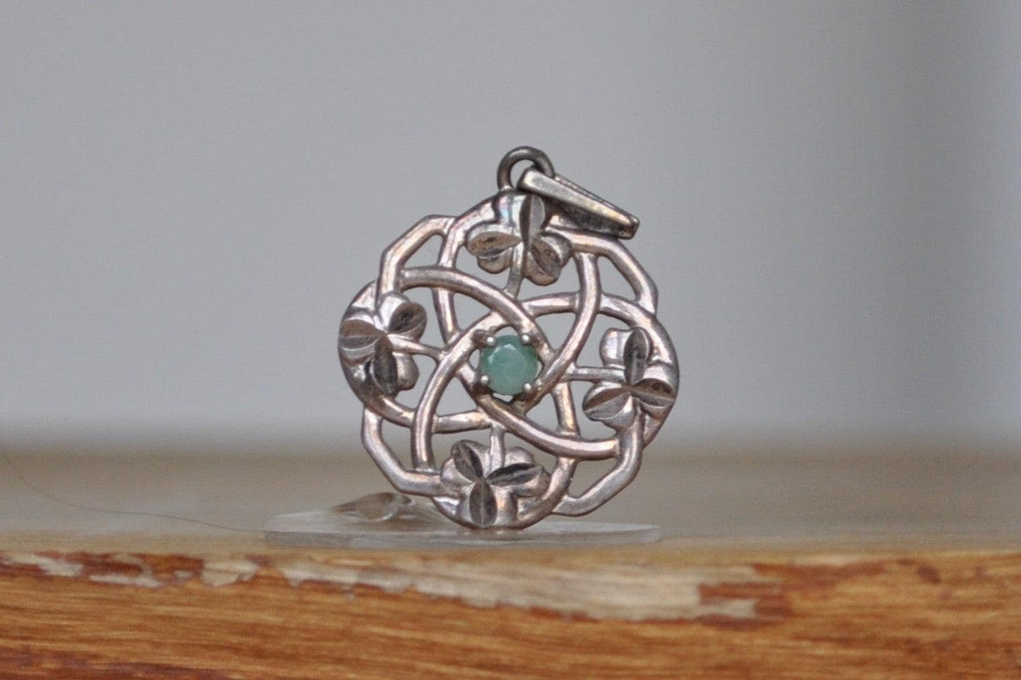 Emerald Studded Celtic Knot Filigree Shamrock Pendant - Stamped and Tested Sterling Silver - Irish Jewelry