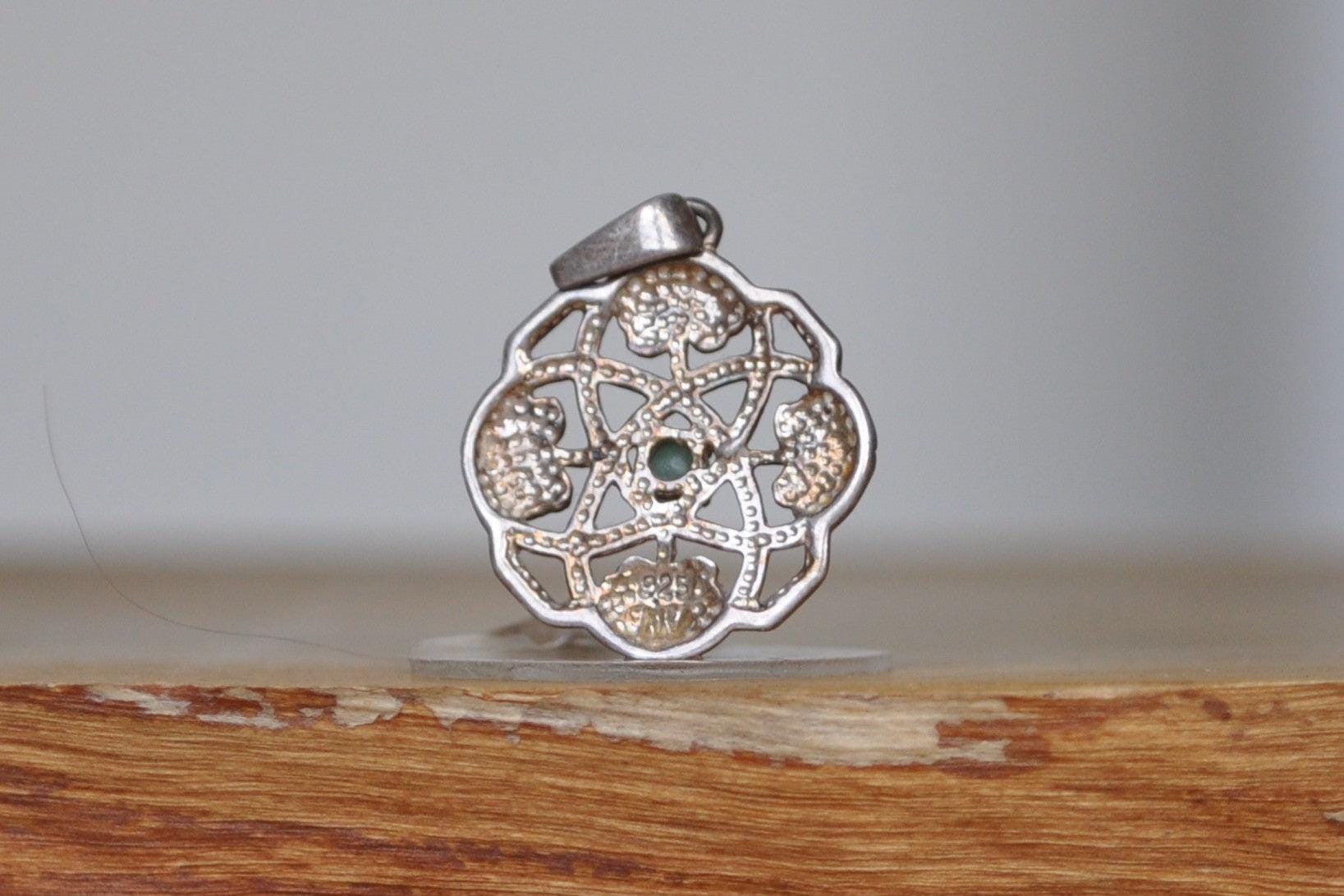 Emerald Studded Celtic Knot Filigree Shamrock Pendant - Stamped and Tested Sterling Silver - Irish Jewelry