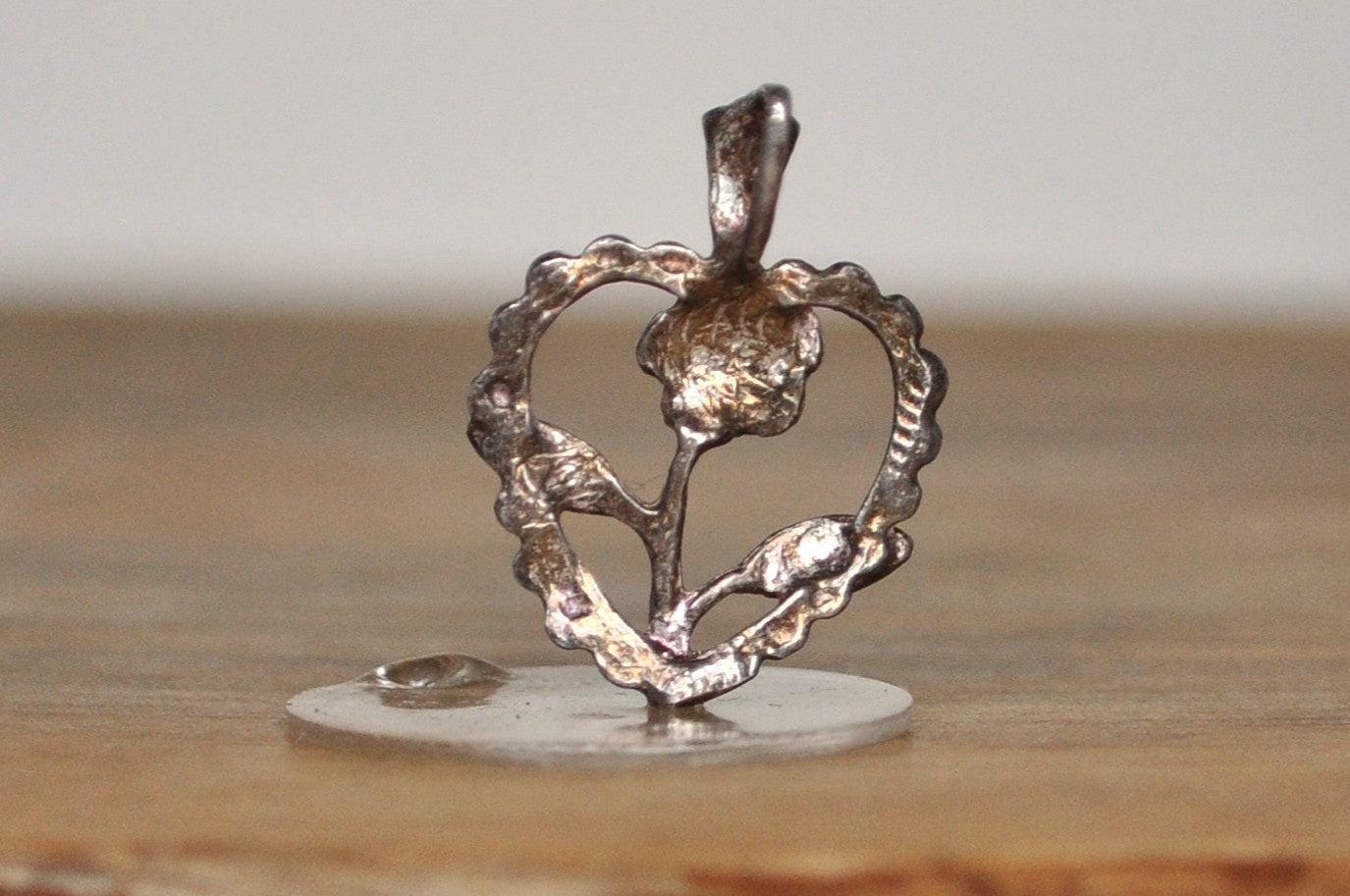 Antique Rose Inside Heart Pendant - Vintage Heart With Rose Inside Charm