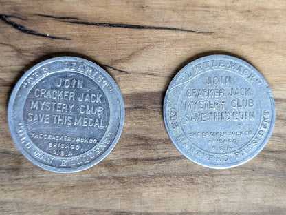 Cracker Jack Mystery Club Tokens Set of Two - Lot of 2 Presidential Tokens from Cracker Jacks Mystery Club
