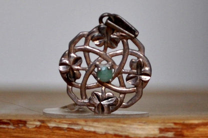 Emerald Studded Celtic Knot Filigree Shamrock Pendant - Stamped and Tested Sterling Silver - Irish Jewelry