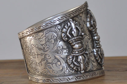 Vintage Triple Vajra (Thunderbolt) Cuff Bracelet - Stamped and Tested Sterling Silver - Tibetan Silver Jewelry