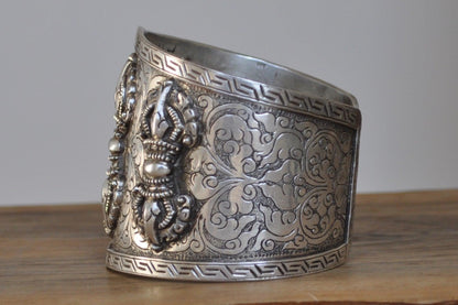 Vintage Triple Vajra (Thunderbolt) Cuff Bracelet - Stamped and Tested Sterling Silver - Tibetan Silver Jewelry