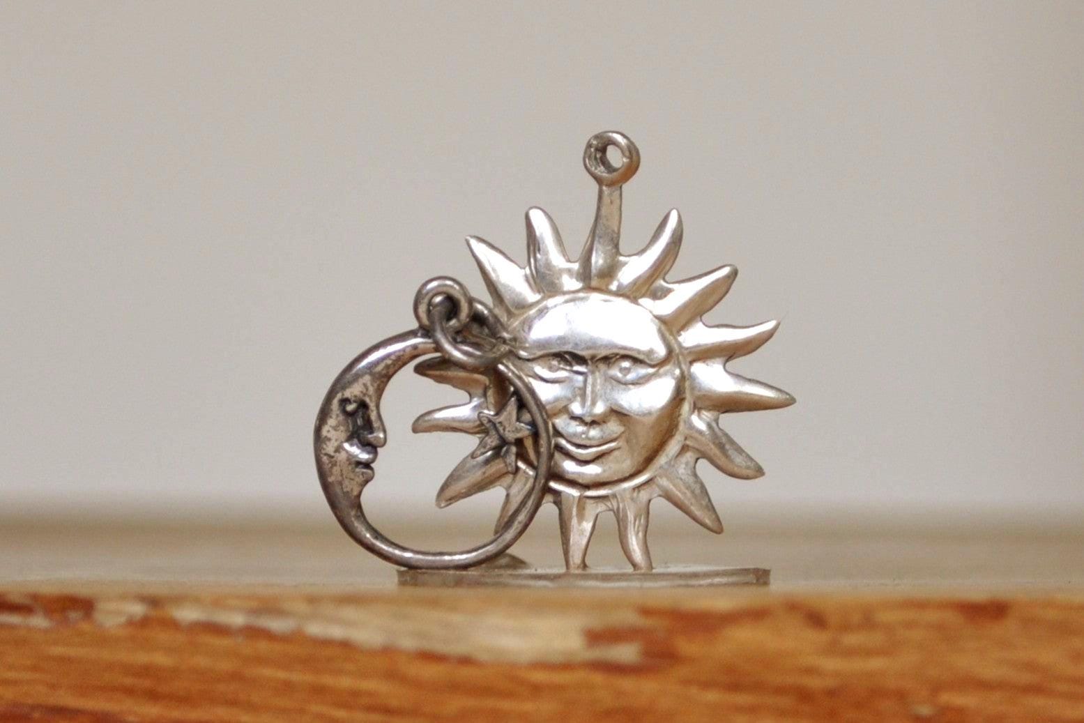 Silver Anthropomorphic Sun and Moon Charms - Stamped and Tested Sterling Silver - Solar and Lunar Charms