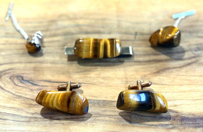 Antique Tiger Eye 5 Piece Menswear, Set Cufflinks, Tie Clip and Tie Tacks - Men&#39;s five Piece Suit Accessories Tigers Eye Statement Pieces