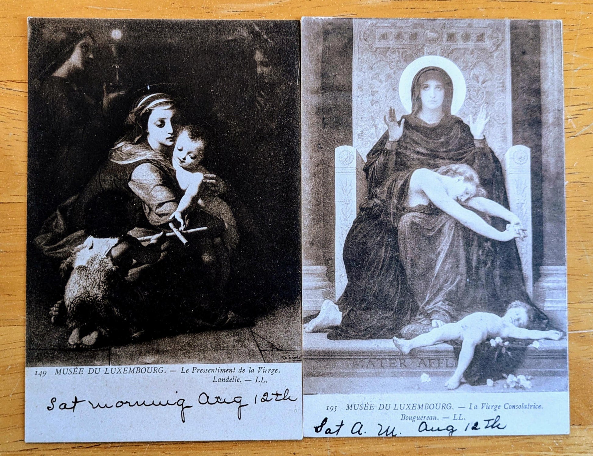Lot of 2 1910s Luxembourg Museum Artwork Black and White Postcards - Virgin Mary Paintings - Vintage Musee du Luxembourg Lithograph Postcard