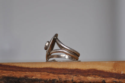 Zuni Red Coral Inlay Shield Split Ring - Size 5 - Stamped and Tested Sterling Silver - Zuni Coral - Titos Jewelry