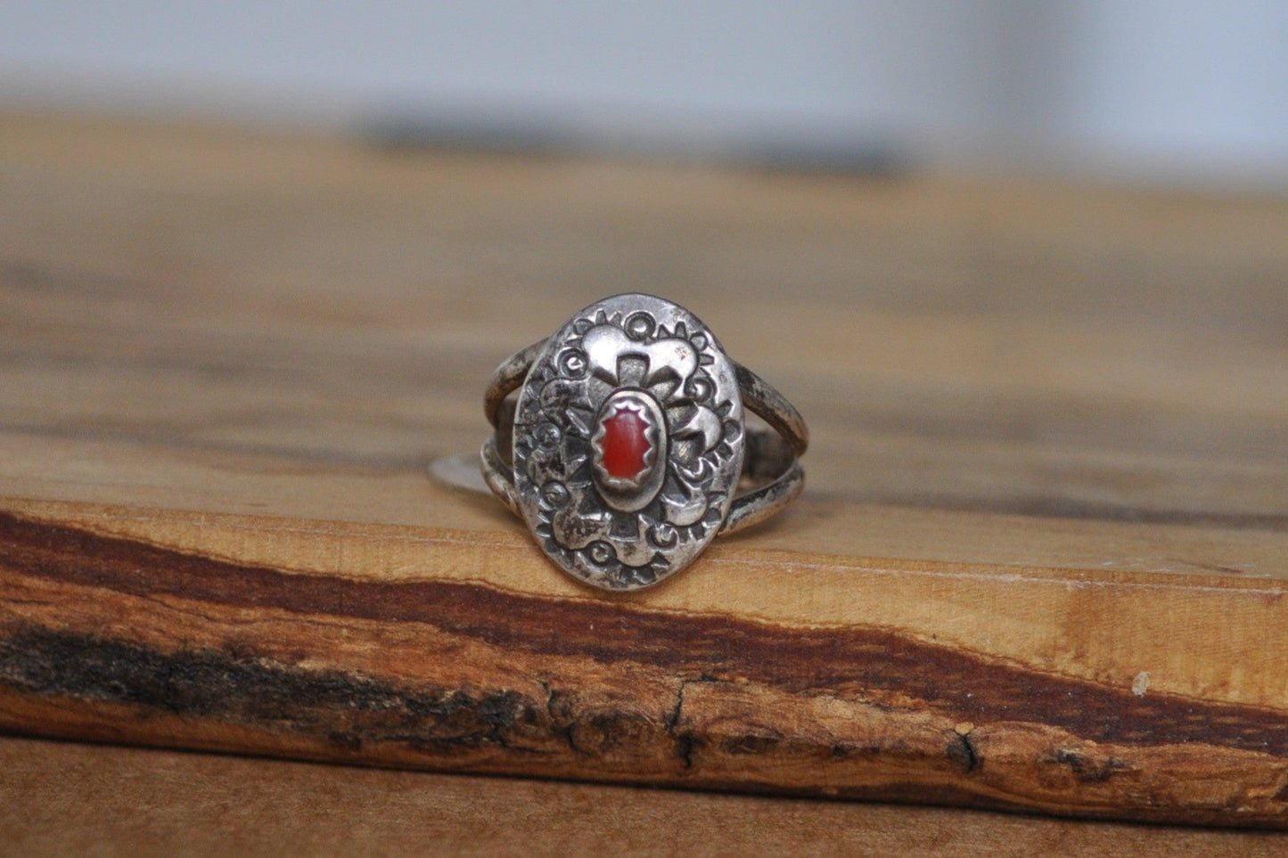 Zuni Red Coral Inlay Shield Split Ring - Size 5 - Stamped and Tested Sterling Silver - Zuni Coral - Titos Jewelry