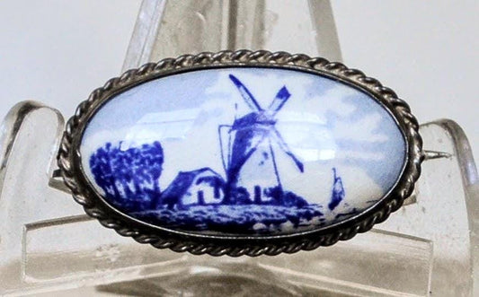 Authentic Sterling Silver Delft Porcelain Windmill Oval Brooch - Signed Delft Porcelain - Vintage Delft Holland Windmill Porcelain Pin 925