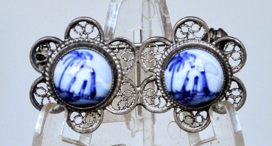 Authentic Sterling Silver Double Delft Porcelain Filigree Brooch - Signed Delft Porcelain - Vintage Delft Holland Seascape Porcelain Pin 925