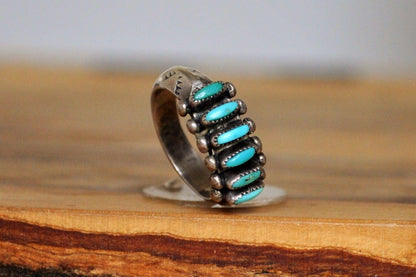 Vintage Janice Paloma Needlepoint Turquoise Inlay Zuni Ring - Size 5 - Tested Sterling Silver - Authentic Zuni Artisan Ring