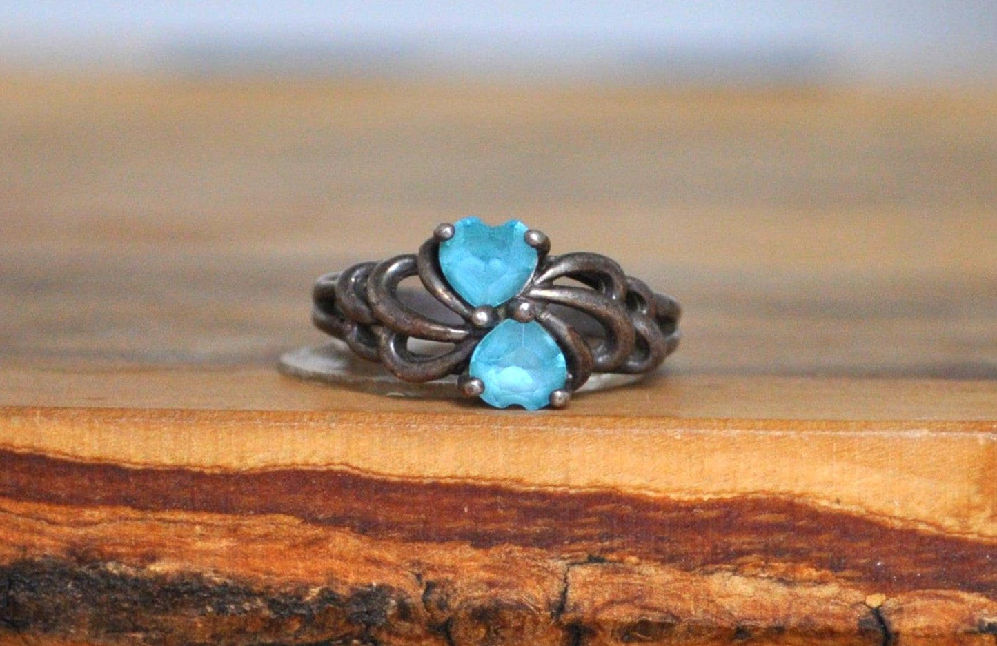 Vintage Wedding Band Stacker Blue Topaz Double Heart Ring - Size 7 - Stamped and Tested Sterling Silver - Heart Cut