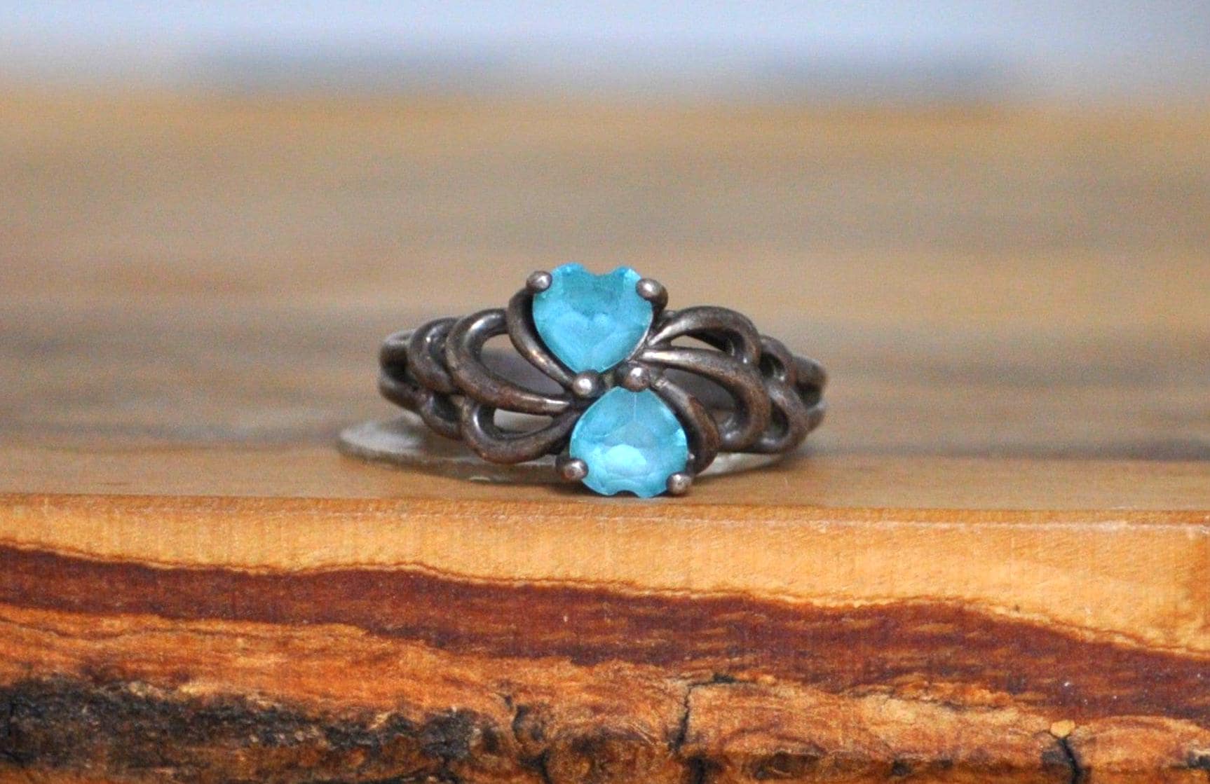 Vintage Wedding Band Stacker Blue Topaz Double Heart Ring - Size 7 - Stamped and Tested Sterling Silver - Heart Cut