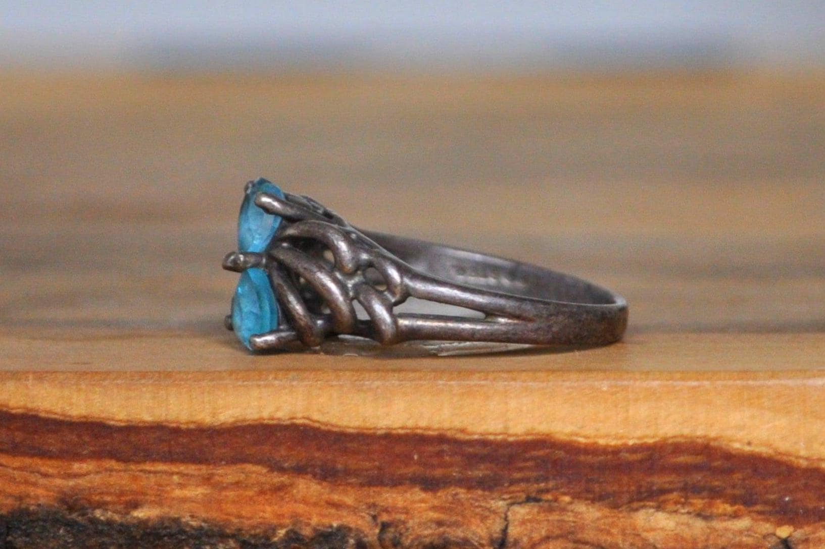 Vintage Wedding Band Stacker Blue Topaz Double Heart Ring - Size 7 - Stamped and Tested Sterling Silver - Heart Cut