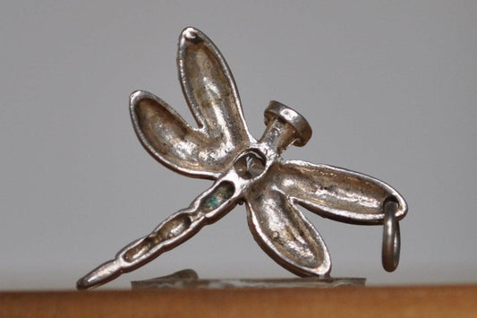 Shimmering Silver Diamond Studded Dragonfly Charm - Tested Sterling Silver - Studded Bug Jewelry