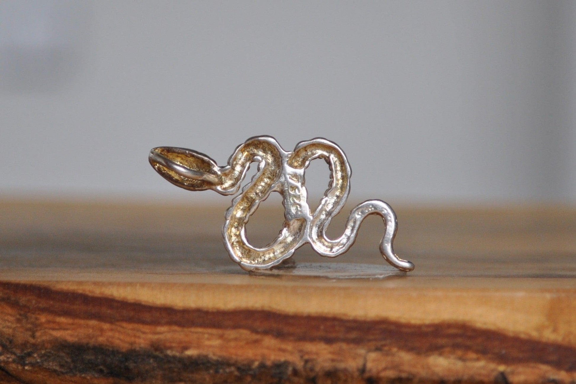 Gold Tone Silver Scaled Snake Charm - Stamped and Tested Sterling Silver - Religious/Mythology Jewelry