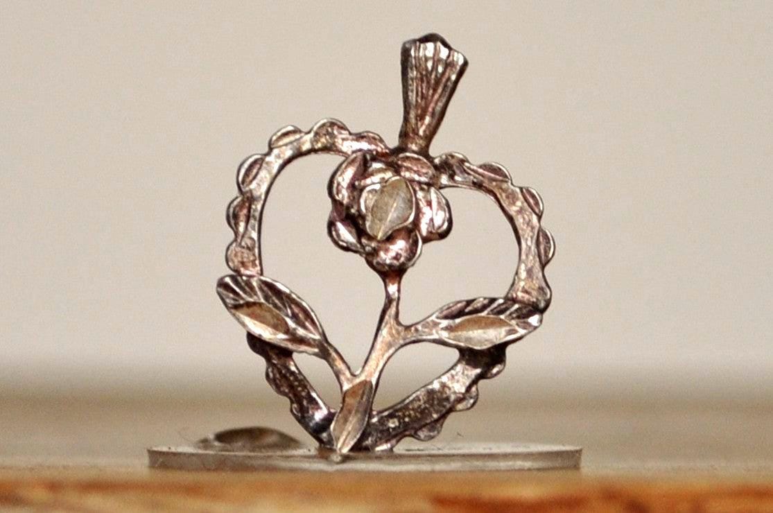 Antique Rose Inside Heart Pendant - Vintage Heart With Rose Inside Charm
