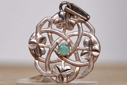 Emerald Studded Celtic Knot Filigree Shamrock Pendant - Stamped and Tested Sterling Silver - Irish Jewelry