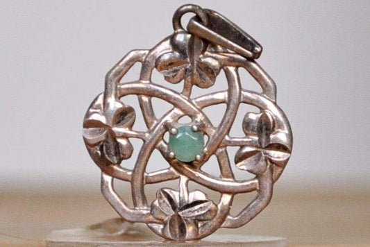 Emerald Studded Celtic Knot Filigree Shamrock Pendant - Stamped and Tested Sterling Silver - Irish Jewelry