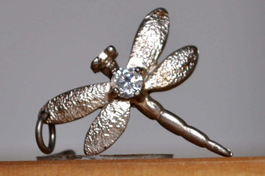 Shimmering Silver Diamond Studded Dragonfly Charm - Tested Sterling Silver - Studded Bug Jewelry