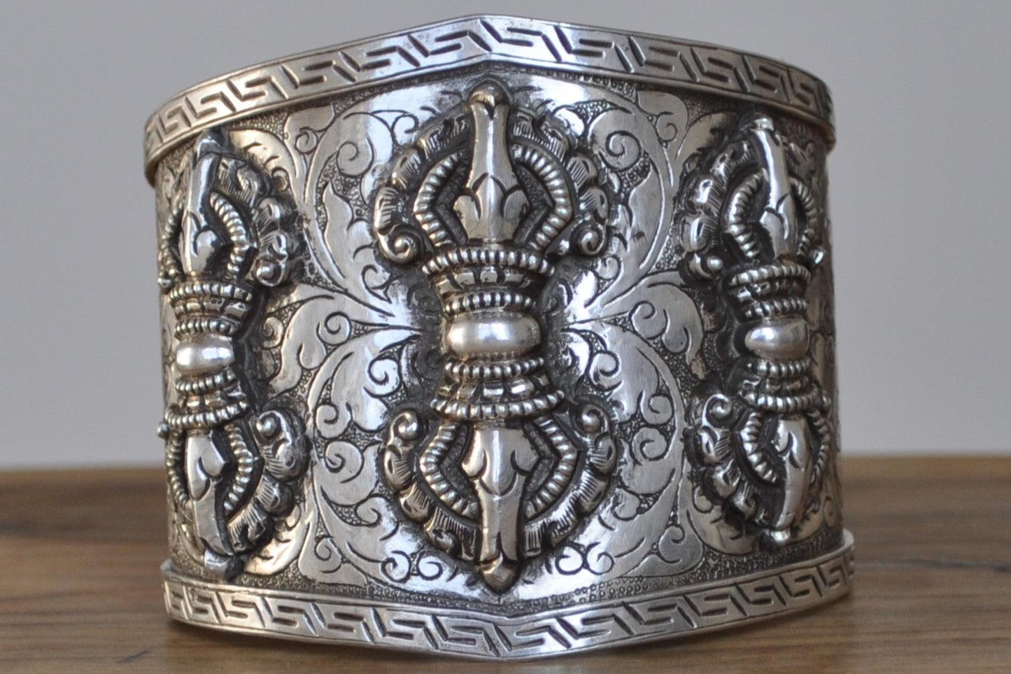 Vintage Triple Vajra (Thunderbolt) Cuff Bracelet - Stamped and Tested Sterling Silver - Tibetan Silver Jewelry