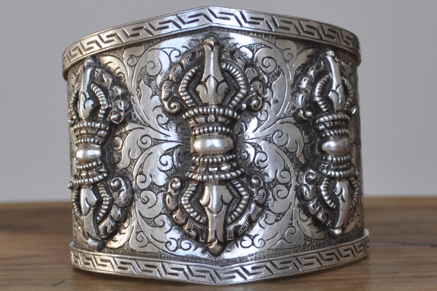 Vintage Triple Vajra (Thunderbolt) Cuff Bracelet - Stamped and Tested Sterling Silver - Tibetan Silver Jewelry