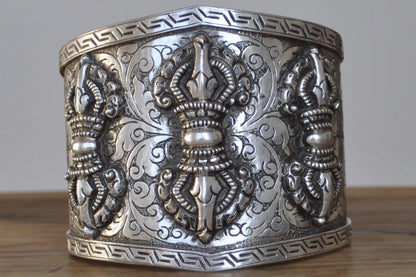 Vintage Triple Vajra (Thunderbolt) Cuff Bracelet - Stamped and Tested Sterling Silver - Tibetan Silver Jewelry