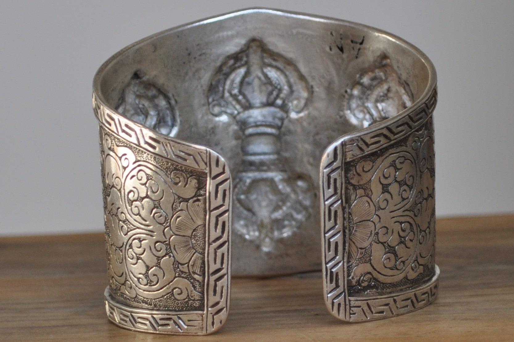 Vintage Triple Vajra (Thunderbolt) Cuff Bracelet - Stamped and Tested Sterling Silver - Tibetan Silver Jewelry
