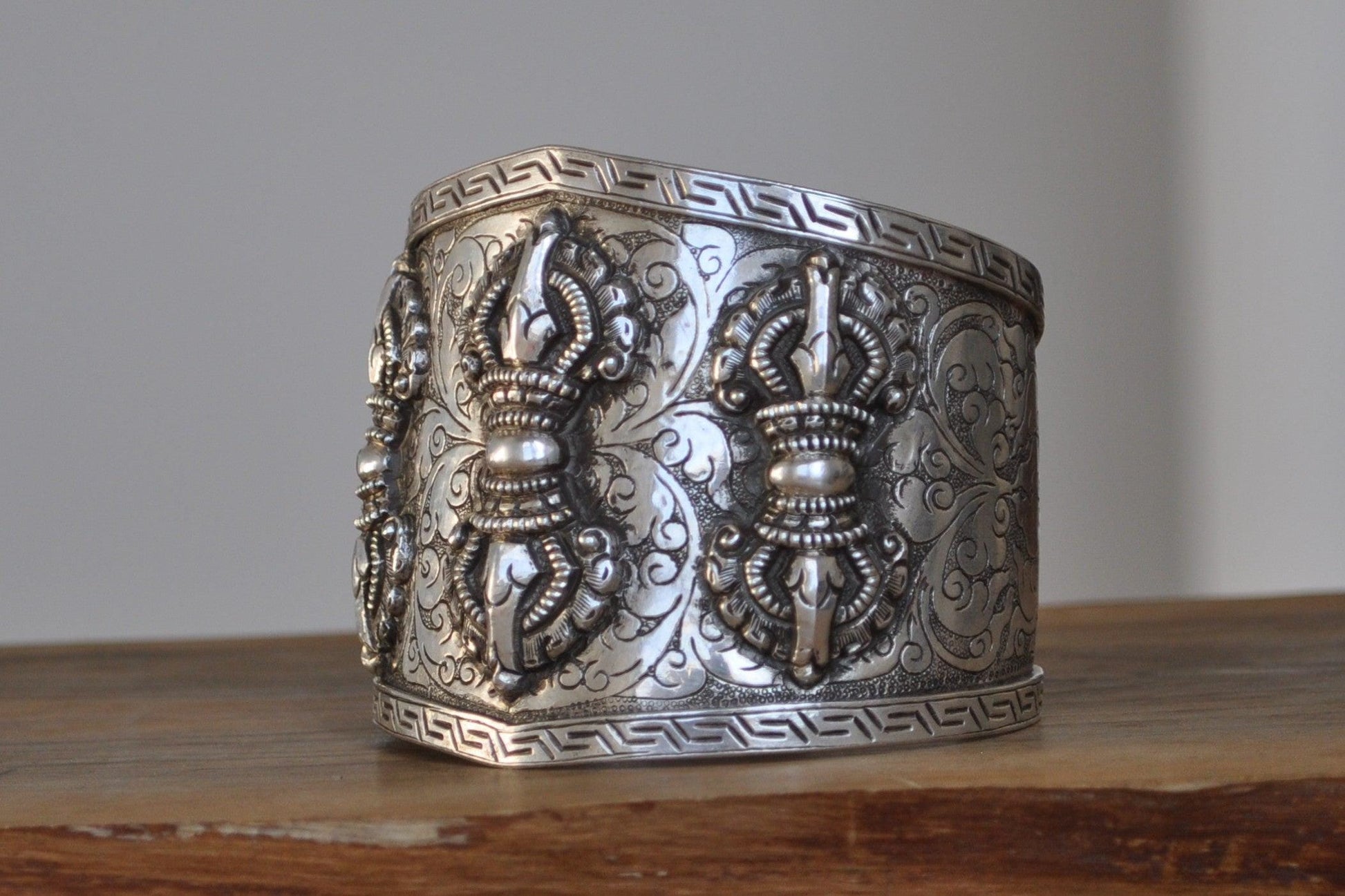 Vintage Triple Vajra (Thunderbolt) Cuff Bracelet - Stamped and Tested Sterling Silver - Tibetan Silver Jewelry
