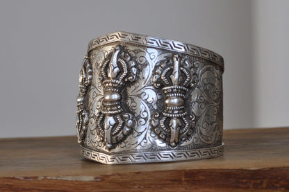 Vintage Triple Vajra (Thunderbolt) Cuff Bracelet - Stamped and Tested Sterling Silver - Tibetan Silver Jewelry