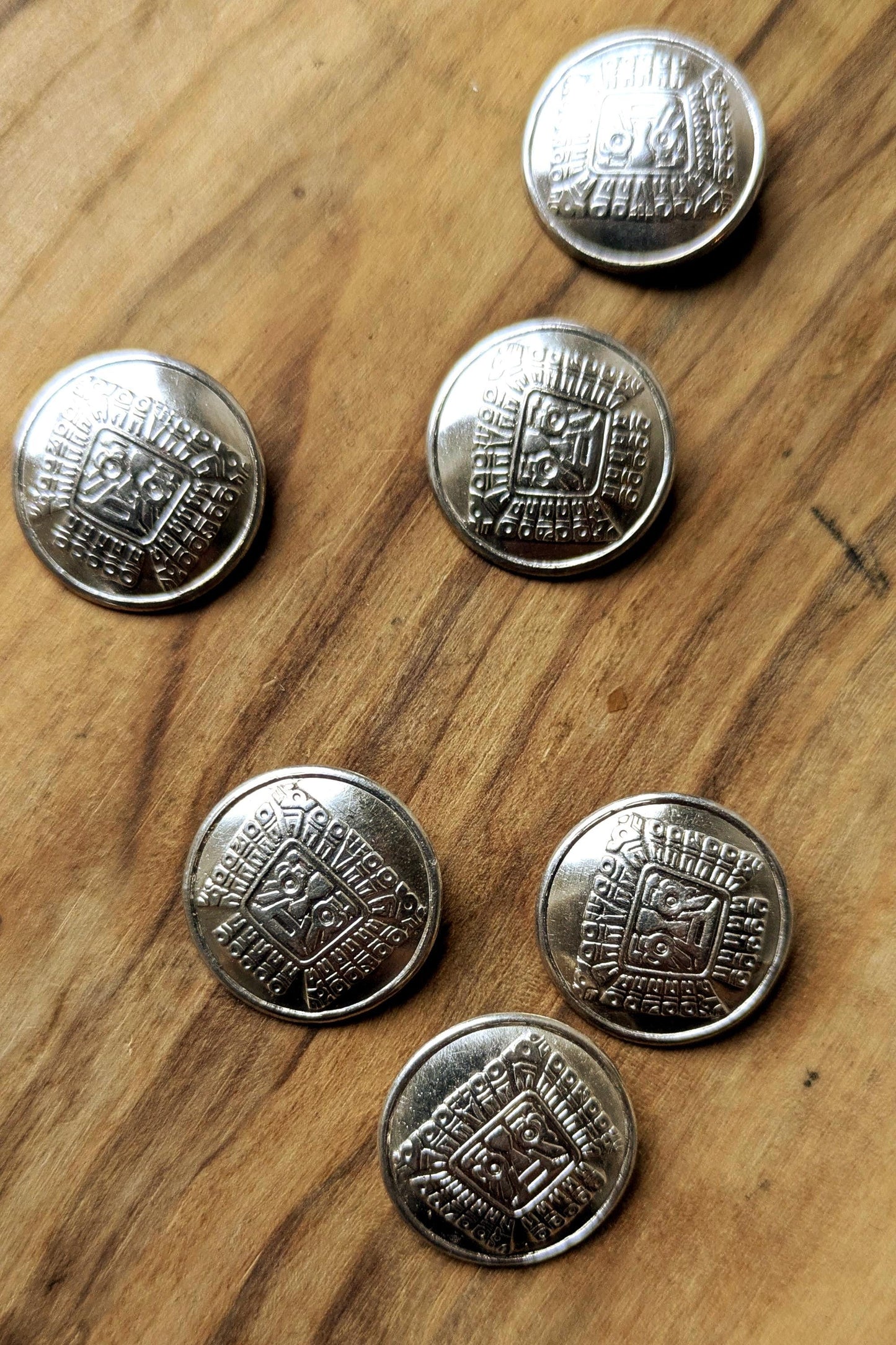 Set of 6 900 Silver Viracocha Buttons - Stamped and Tested 900 Silver - Incan Silver Buttons - South American Mythology Buttons
