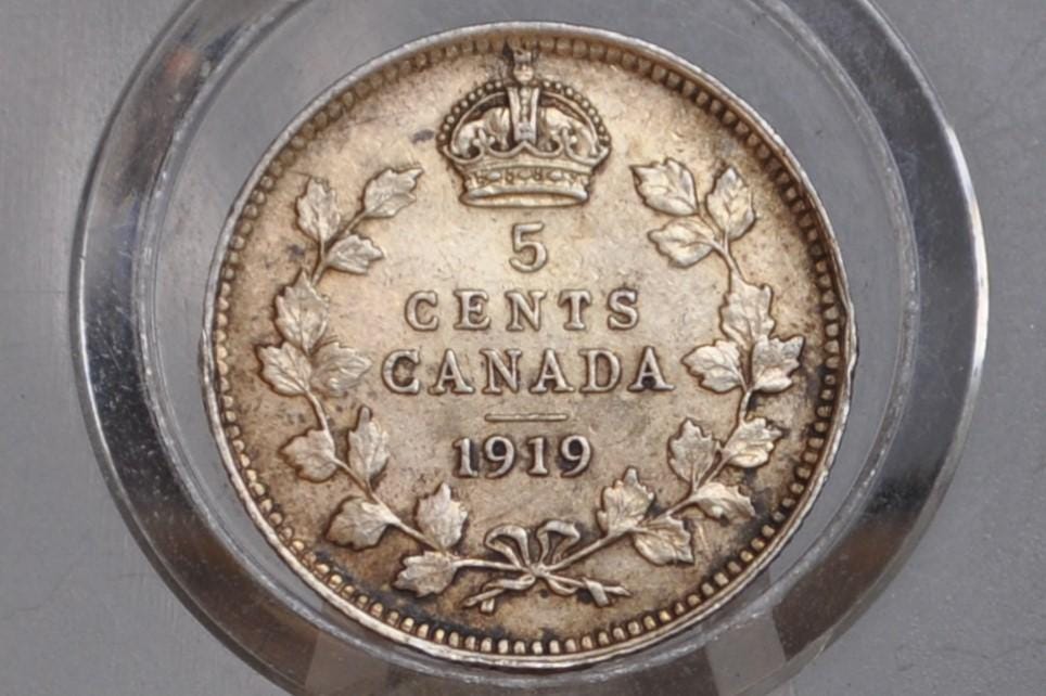 1919 Canadian Silver 5 Cent Coin - Very-Extremely Fine - Canada 5 Cent Sterling Silver 1919 Canada