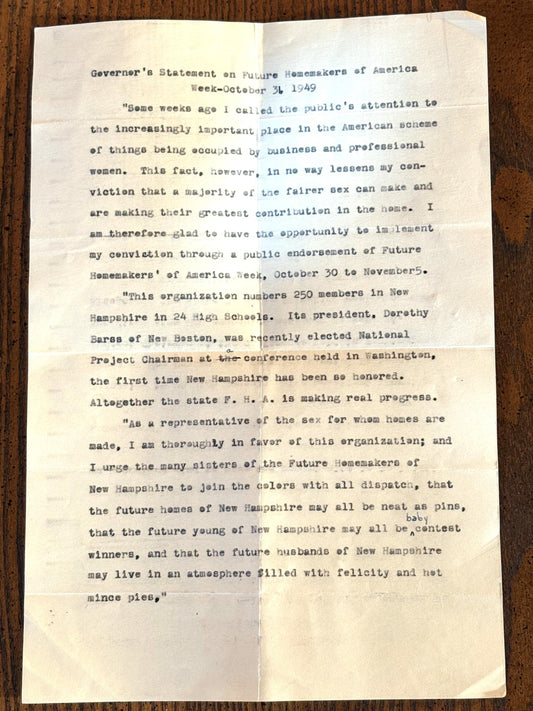 Governor&#39;s Statement on Future Homemakers of America Draft - 1949 October 31st NH Homemakers of America Draft Script