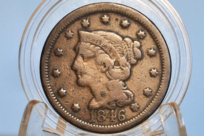 1846 Large Cent Tall Date Variety - 1846 Coronet Cent - 1846 Tall Date US Large Cent - Braided Hair 1839 to 1857