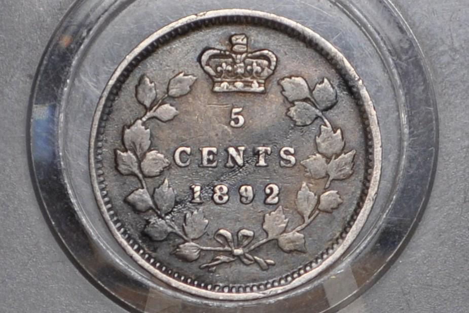1892 Canadian Silver 5 Cent Coin - VG - Queen Victoria - Canada 5 Cent Sterling Silver 1892 Canada