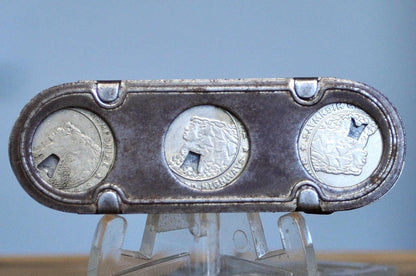 Antique metal transit Token Holder - New Hampshire Vintage Transit Token Holder with Three Transit Tokens from New Hampshire