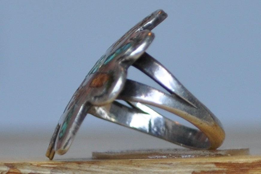 Southwest Native Turquoise Red Coral Inlay Sunface Kachina Ring - Size 5 - Tested Sterling Silver - Tawa Kachina - Hopi Jewelry